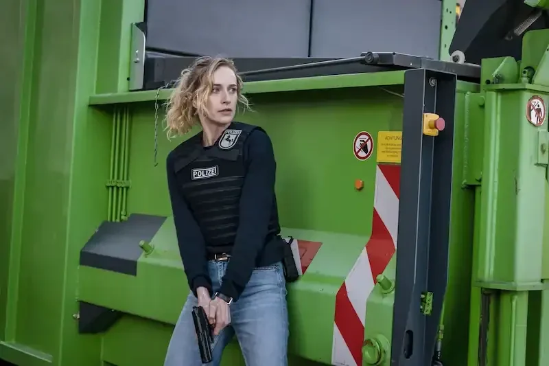 pia barucki als kommissarin femke mit waffe an einem container