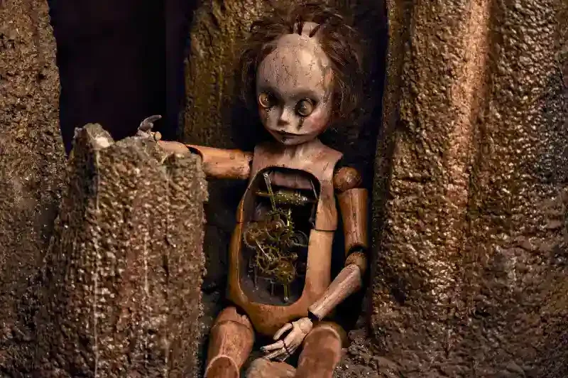 bagman filmszene eine mechanische holzpuppe im felsen