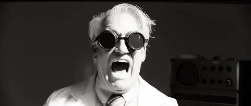 Cyst - Filmszene: Wissenschaftler schreit mit Schutzbrille im Labor.