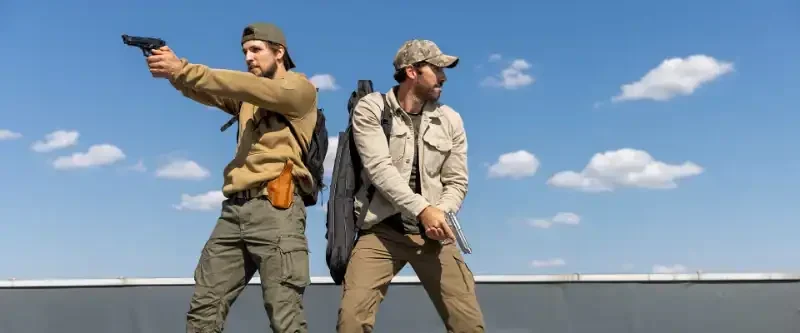 Take Cover Filmszene: zwei Männer mit Pistolen auf einem Dach