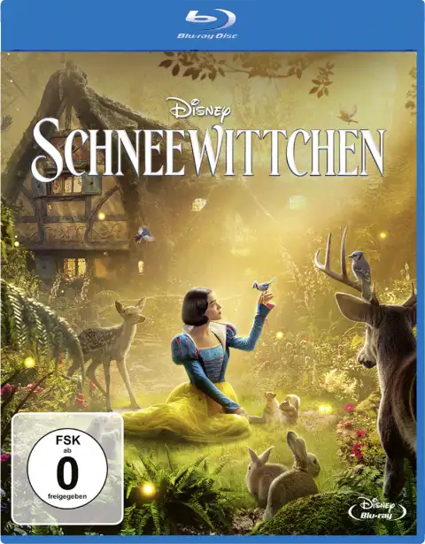 Schneewittchen Blu-ray Cover - Schneewittchen mit Waldtieren vor Häuschen.