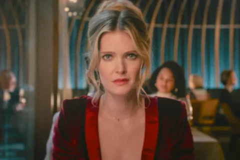 Drop Tödliches Date 2025 Filmszene: Frau in rotem Kleid sitzt im Restaurant