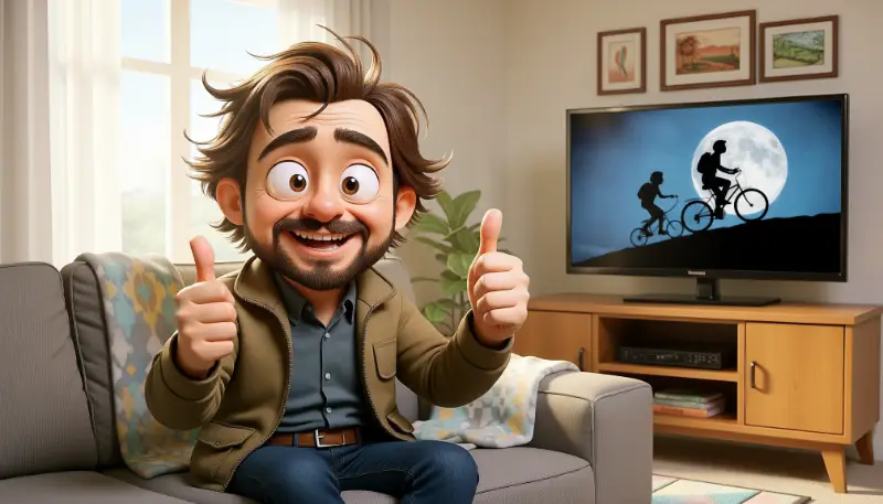 Cartoonfigur mit Daumen rauf auf Sofa, Fernseher zeigt Radfahrer im Mondlicht