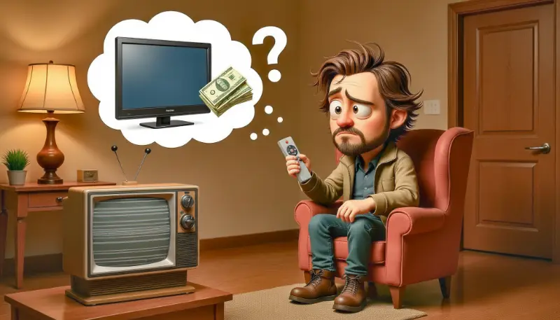Mann sitzt vor alten Fernsher und überlegt einen neuen TV zu kaufen und was sowas wohl kostet