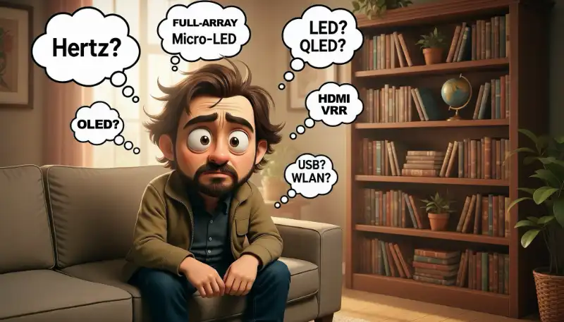 Mann sitzt auf Sofa und überlegt welche Technologien ein Fernseher hat.