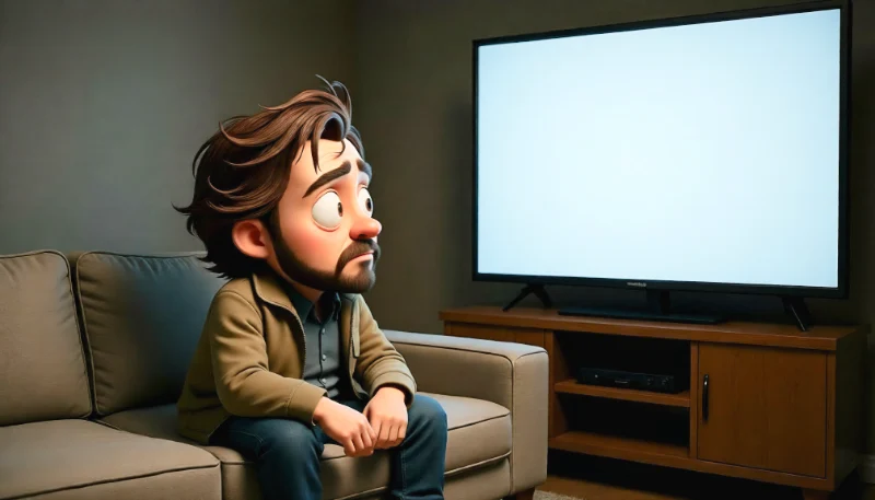 Eine männliche Cartoonfigur sitzt zu nah vor einem großen Fernseher