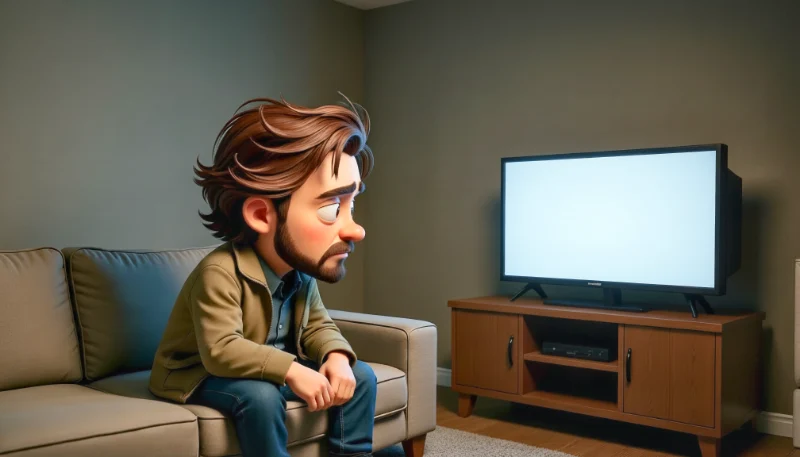 Eine männliche Cartoonfigur sitzt vor einem kleinen Fernseher