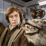 Ein Mann (Darsteller Albert Finney) mit Mantel mustert einen ausgestopften Wolfen neben sich - Filmszene aus Wolfen