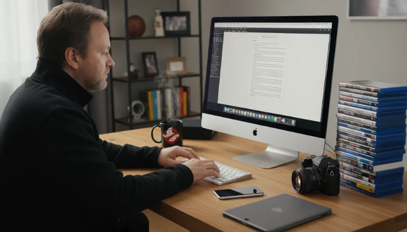 Ein Mann sitzt vor einem Computer und tippt einen Text, auf dem Tisch dampfende Kaffeetasse, Fotoapparat, Smartphone, Stapel mit Blu-rays