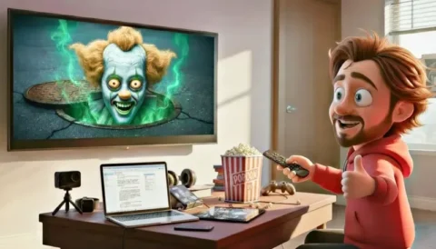 Eine cartoonhafte Figur schaut auf einen Fernseher welcher das Bildes eines Clowns im Gulli zeigt.