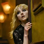 Ängstliche blonde Frau blickt um die Ecke - Filmszene