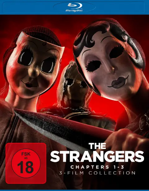 Blu-ray-Cover von „The Strangers: Chapters 1–3“, 3-Film-Collection, FSK 18, mit zwei maskierten Personen